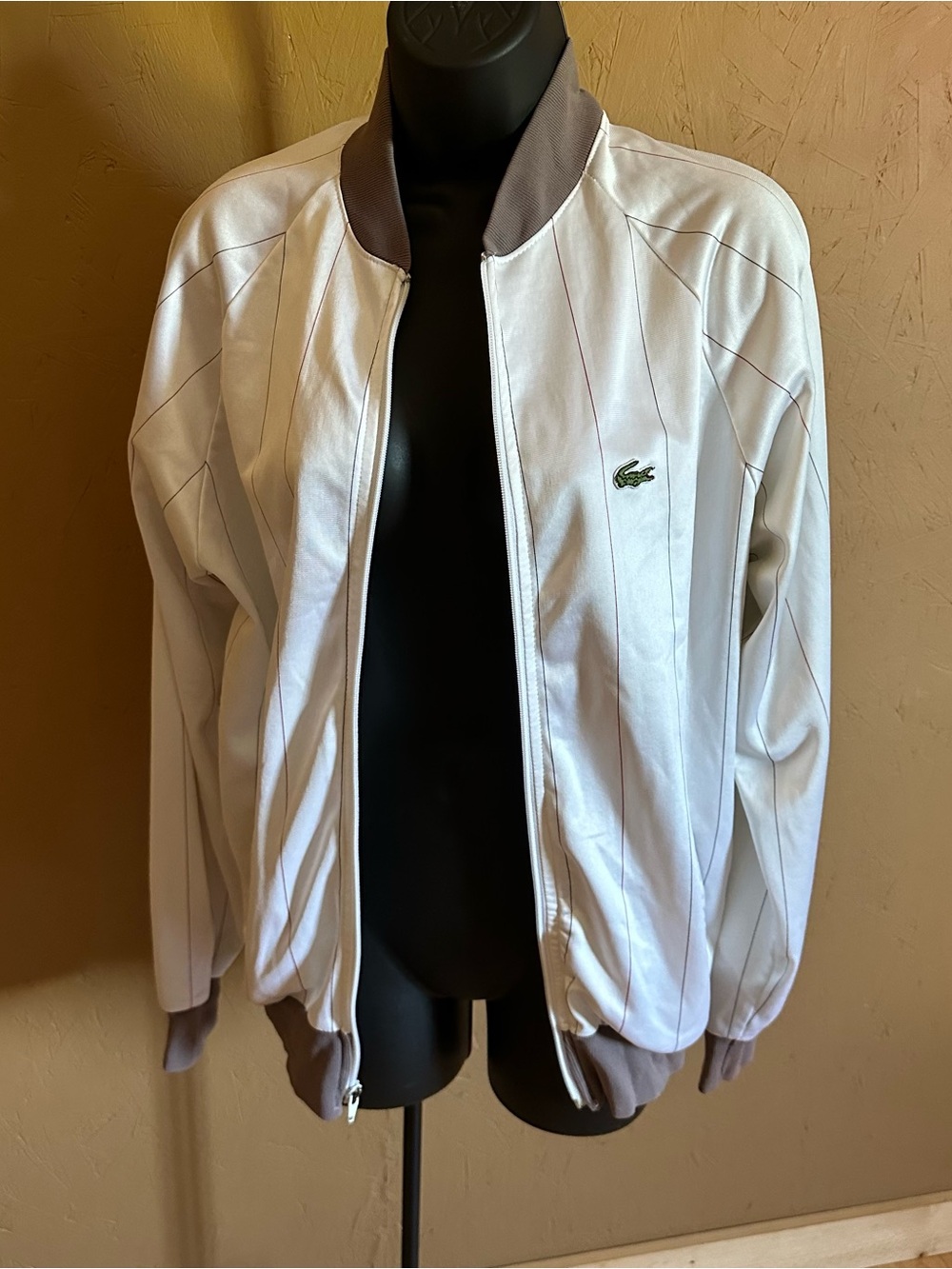 Lacoste Vintage White Bomber Jacket with Taupe Trim